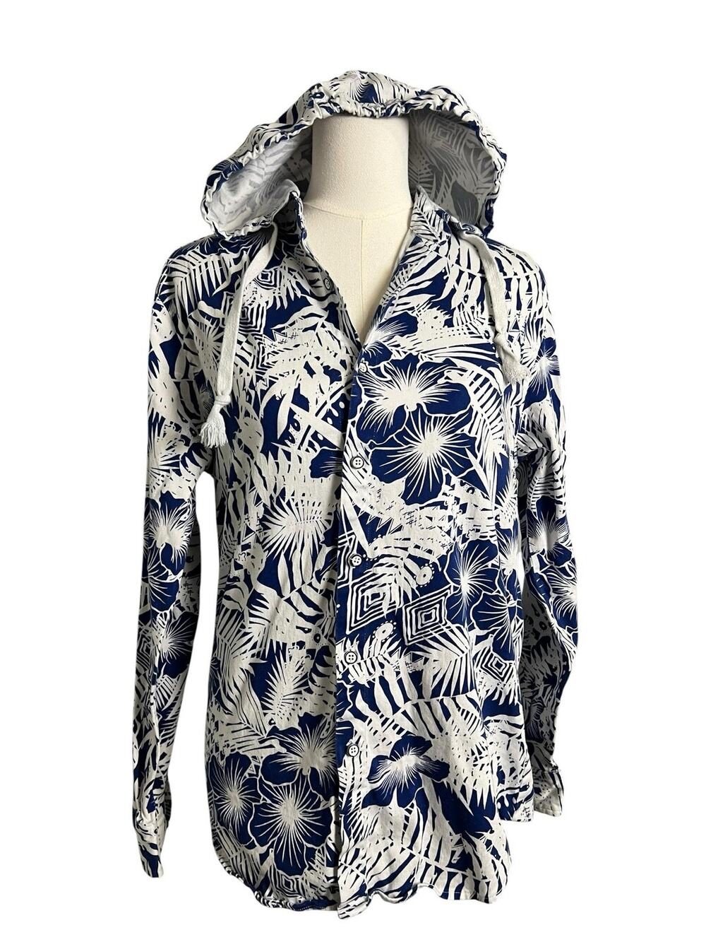 Smash Tropical Floral Hooded Button Up Shirt Cover Up Blue White Medium Weight